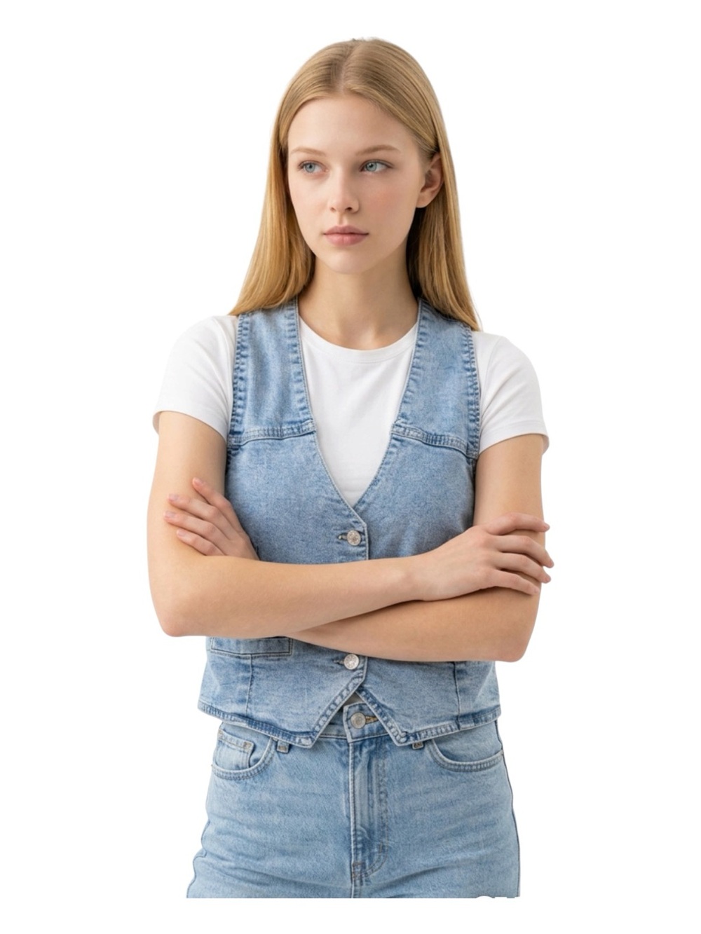 NWTS Nicole Miller Light Wash semi cropped  Denim Button Vest, Sz L
